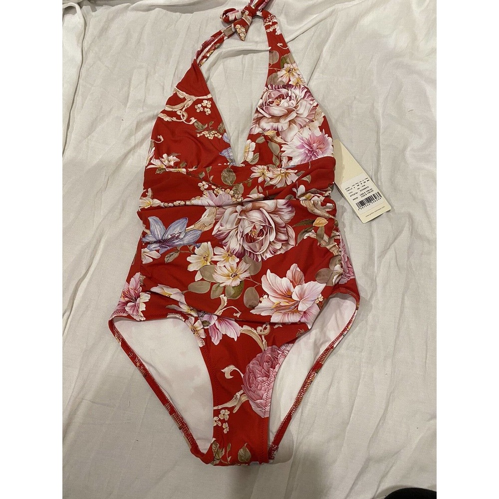 Gottex Swimsuit 8 NWT Floral hitachi 1 piece multicolor v neck halter NO PADS